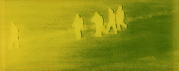 Markus Döhne: Green Screens, Refugee Series. 1999–2008, #40 – Four Men Walking, 2003, Detail. 124 x 298 x 8 cm. Stahl, Polyester und Photoemulsion (Foto: © 2013 Markus Döhne / VG BildKunst, Bonn)